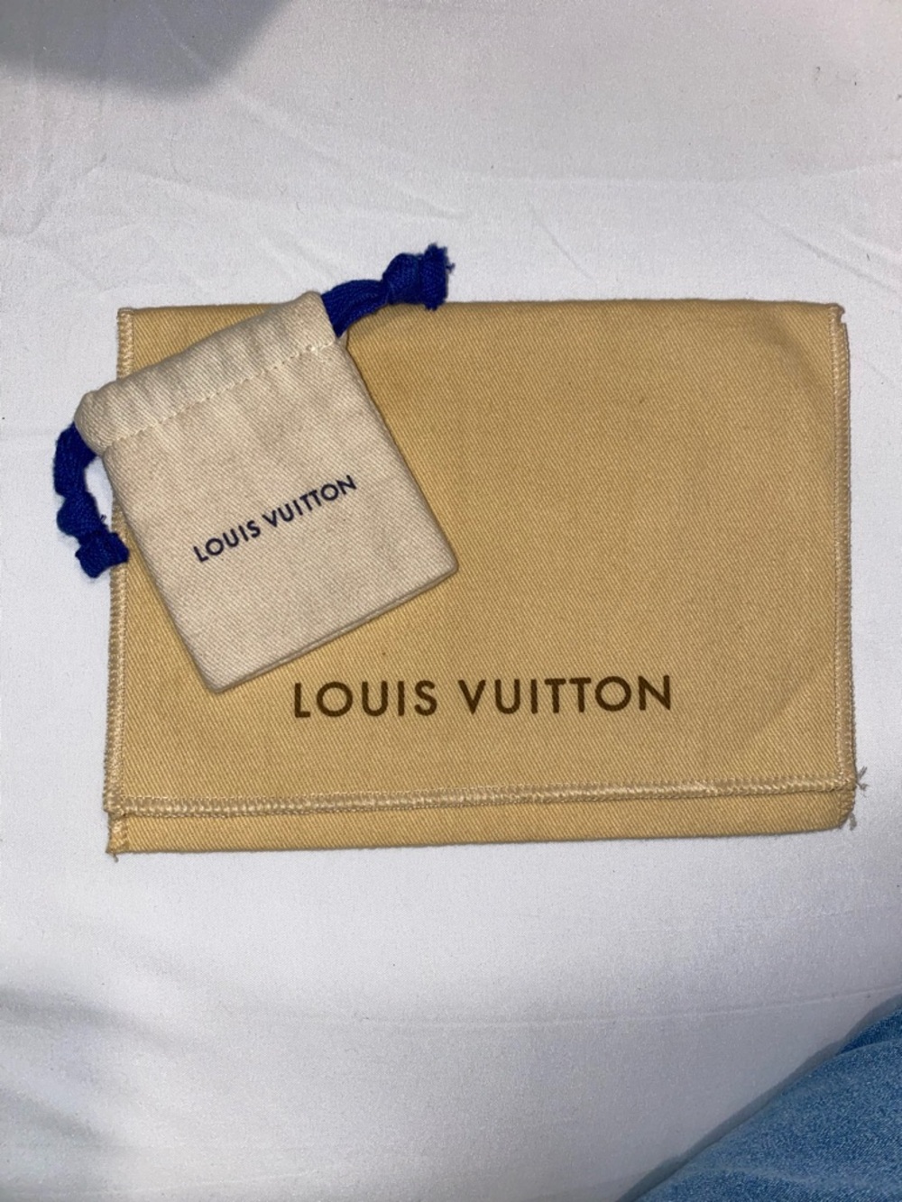 Louis Vuitton Cream Canvas Pouch with Blue Drawstrings